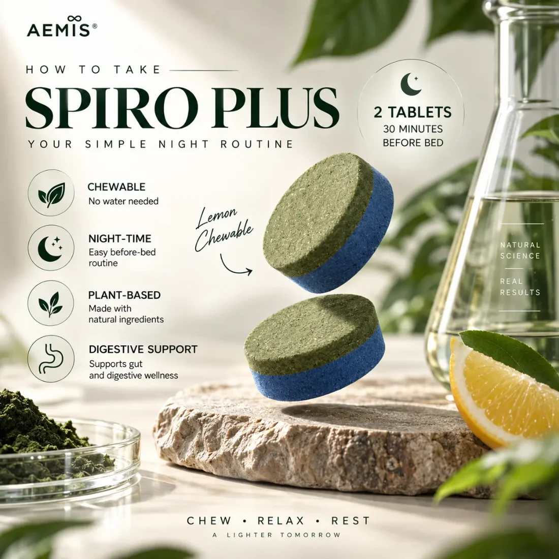 How to take Spiro Plus — 2 chewable lemon tablets 30 minutes before bed