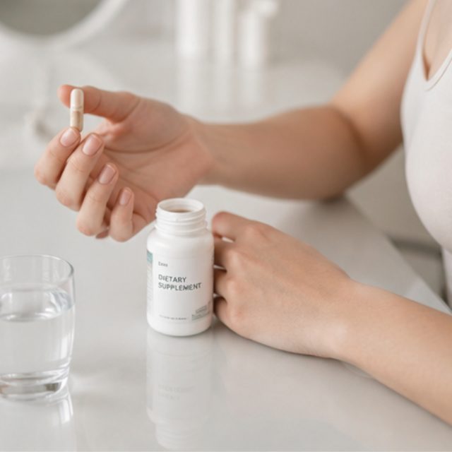 A diet-pill capsule held above a supplement bottle