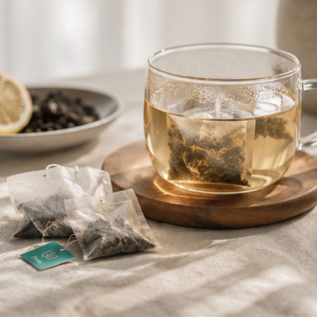 Detox tea brewing in a glass cup with loose tea bags